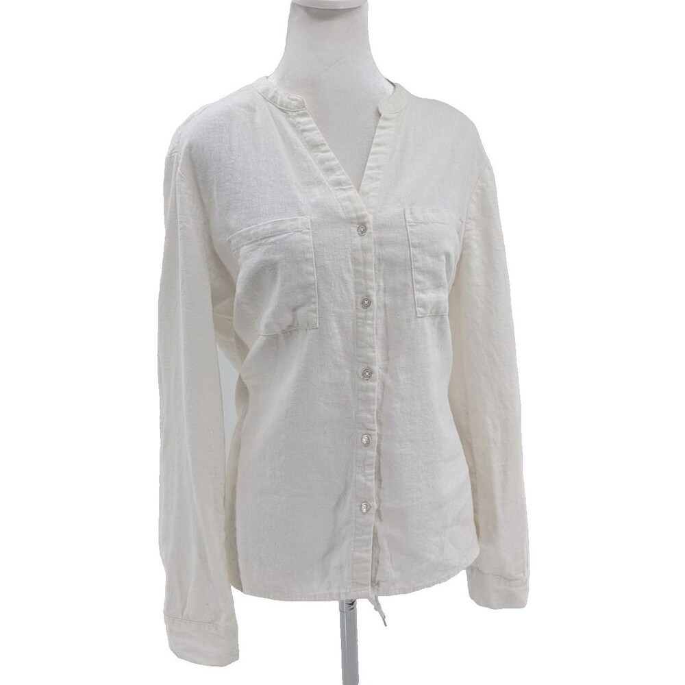 Nine West Eggshell Women's Linen Blend V-Neck Button Down Top Blouse Size Medium